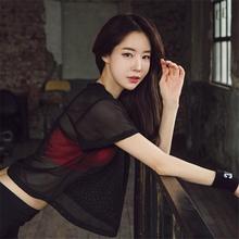 跑步运动防晒速干上衣黑网纱女春夏瑜伽服健身房透明长袖 t恤罩