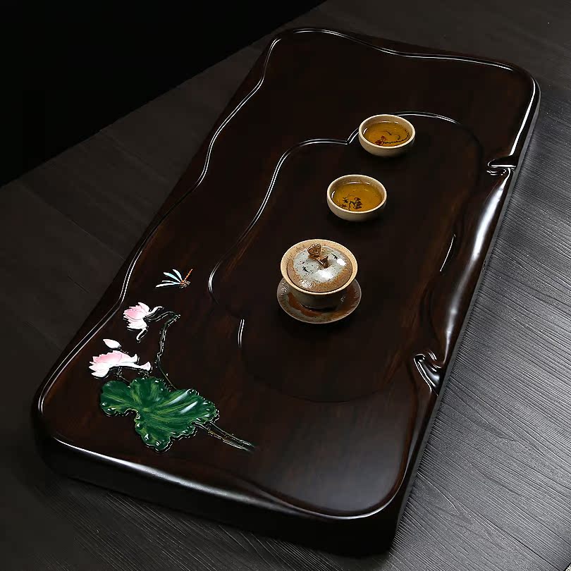 黑檀手绘整块实木茶盘红木花梨茶海大号单层排水干平板茶托台浮雕