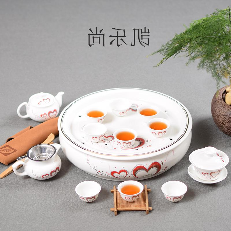 高档潮汕功夫茶具套装白色青花瓷骨瓷整套带圆形陶瓷茶盘礼品盒