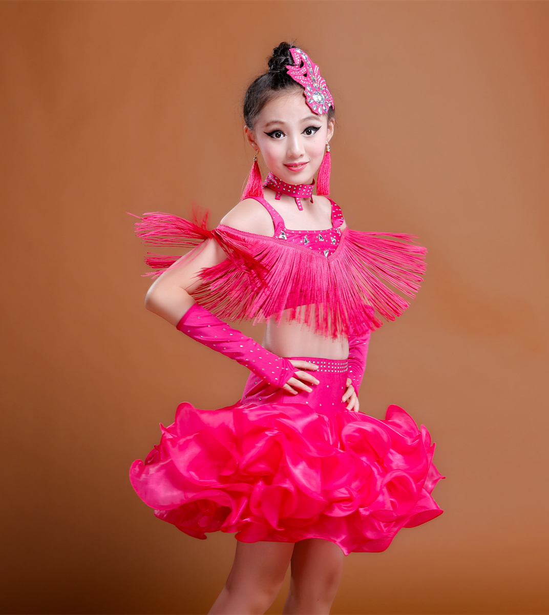 新款儿童拉丁舞裙夏演出服流苏亮钻比赛考级少儿舞蹈练功服装女童