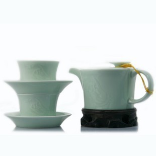 恒福越窑青瓷茶具 佛心莲茶壶一壶二杯二茶垫 可悬挂杯盖 送礼