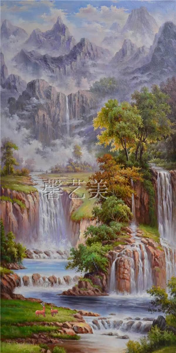 装饰画新中式风景油画玄关走廊挂画壁画高山流水聚宝盆喷绘油画