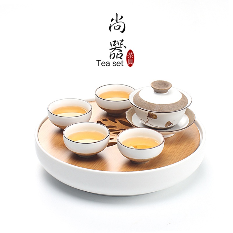 日式陶瓷小茶盘圆形储水功夫茶具家用茶台茶托盘干泡台套装竹制