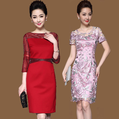 参加婚礼妈妈装夏装婚宴礼服中长款短袖大码婚庆中年蕾丝连衣裙女