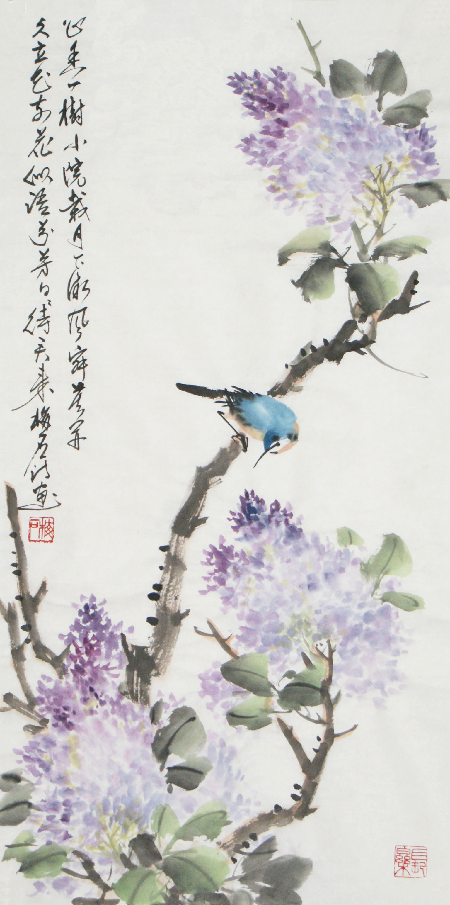 一级花鸟画家梅石原创诗词国画丁香花字画心手绘书画作品原稿真迹