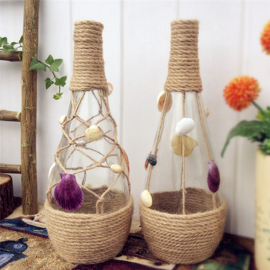 个性创意复古地中海麻绳编织渔网纯手工贝壳海螺装饰大号玻璃花瓶