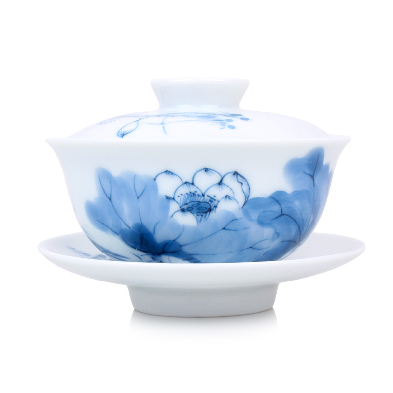 贵和祥 茶具 景德镇手绘青花瓷盖碗 内彩莲蓬盖碗茶杯 陶瓷 110ML