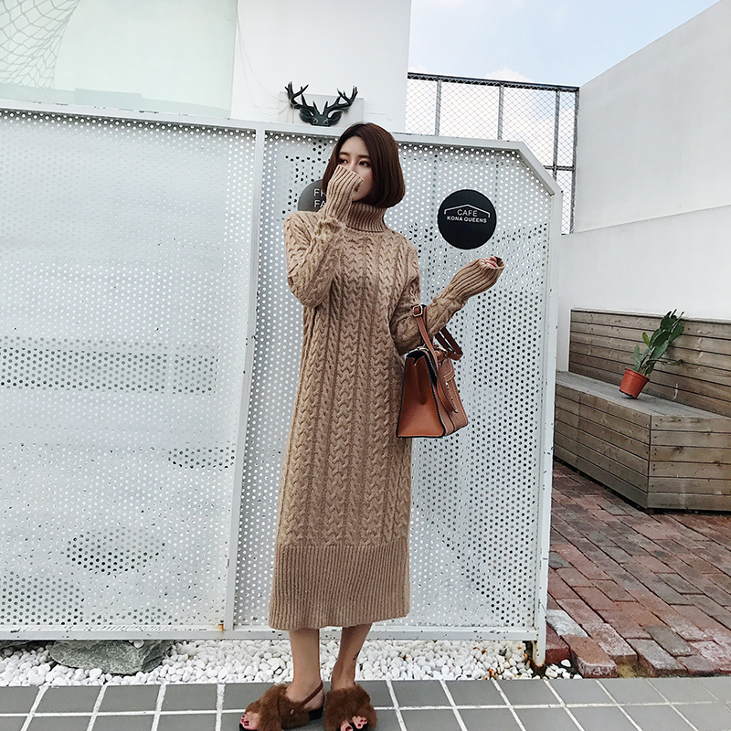 打底衫女长裙秋冬2017新款韩版 高领针织毛衣裙中长款 开叉连衣裙