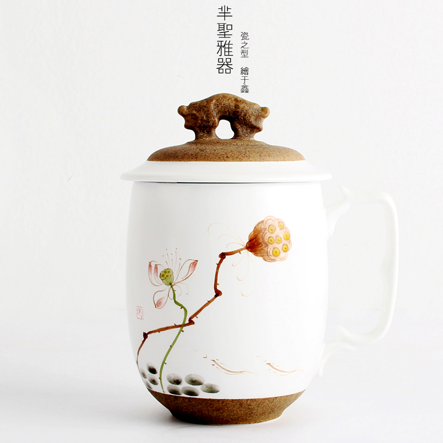 茶具景德镇手绘茶杯定窑陶泥个人杯子带盖保温办公品茗杯陶瓷杯子