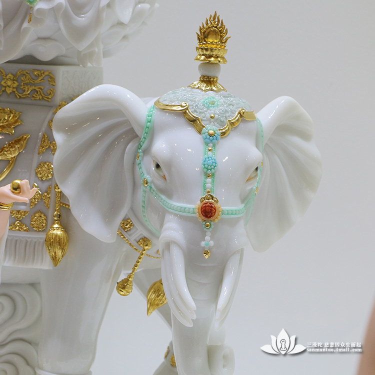 三漫陀 汉白玉普贤菩萨佛像 珐琅彩绘工艺摆件 普贤坐骑侍者配套