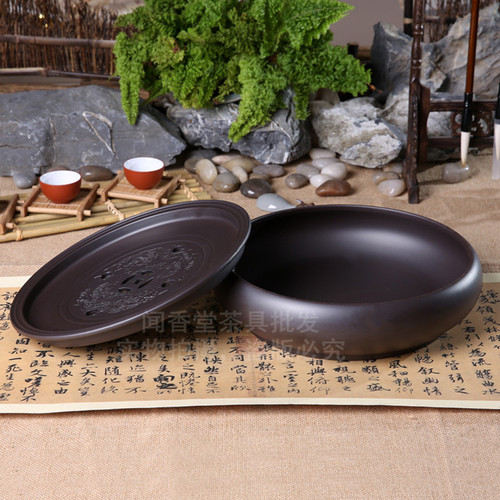 功夫茶盘茶海茶船紫砂茶盘茶具家用圆形陶瓷紫砂茶具储水式包邮