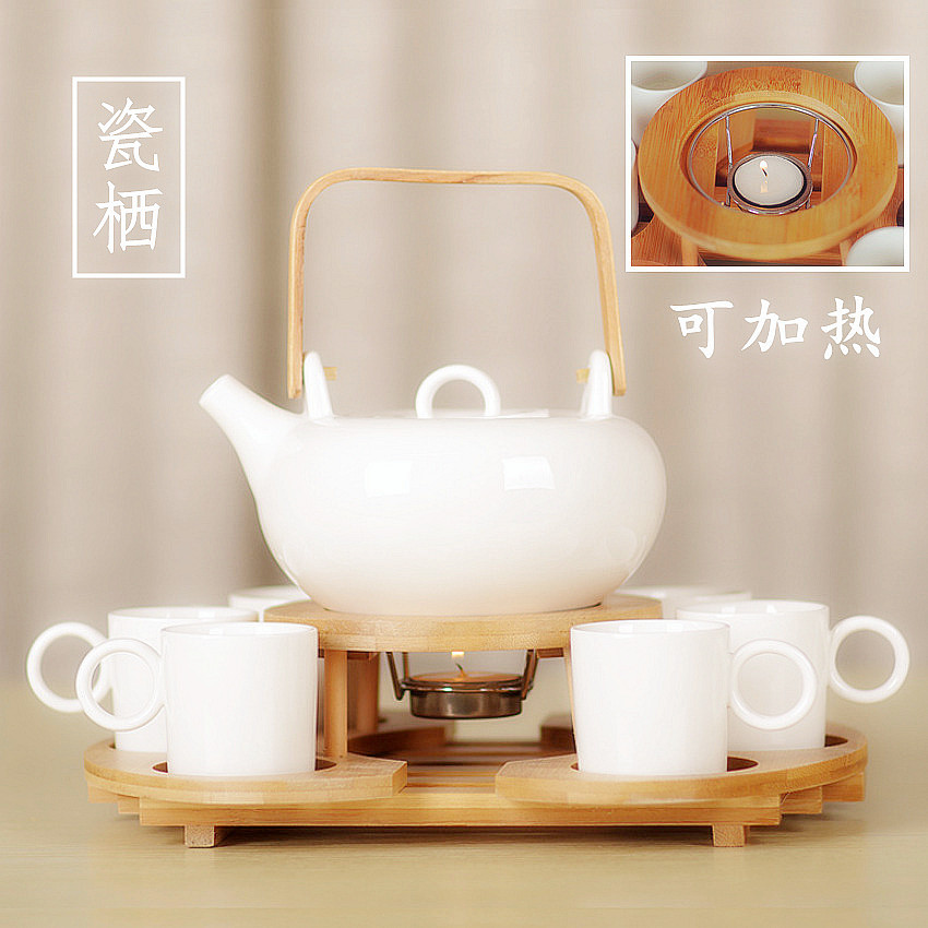 日式花茶壶茶具套装特价陶瓷整套功夫茶具简约家用白色加热木茶盘