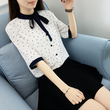 韩范百搭学生短袖 立领衬衣蝴蝶结上衣小衫 17夏季女装 波点雪纺衬衫