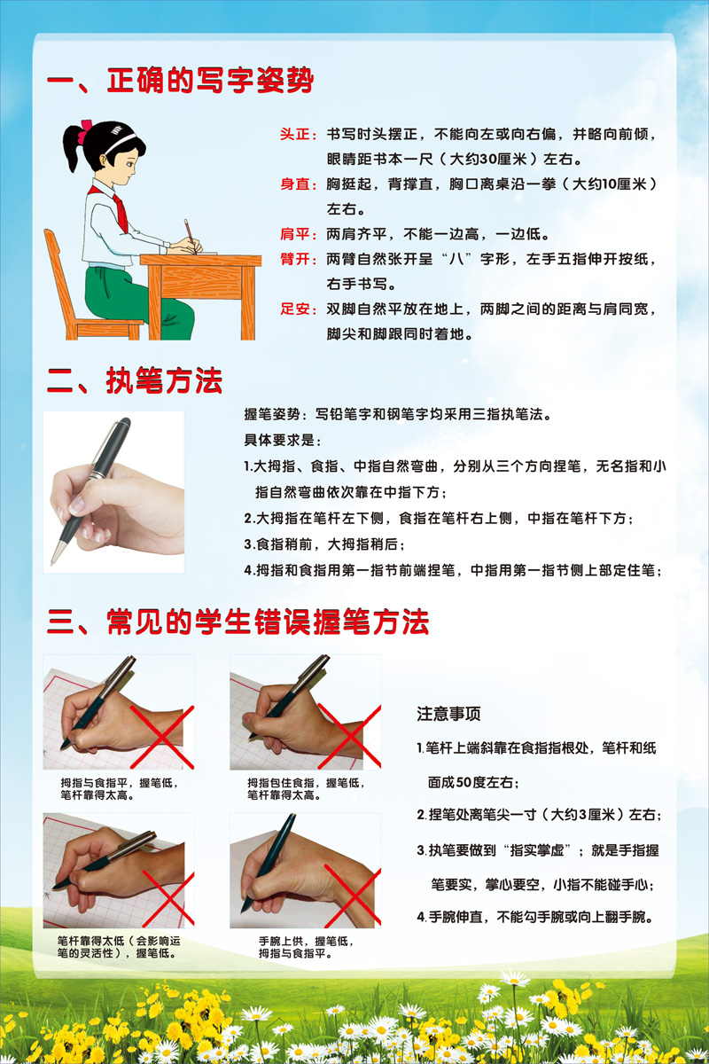 小学生标准坐姿 正确握笔姿势方法图海报墙贴 班级教室布置挂图12