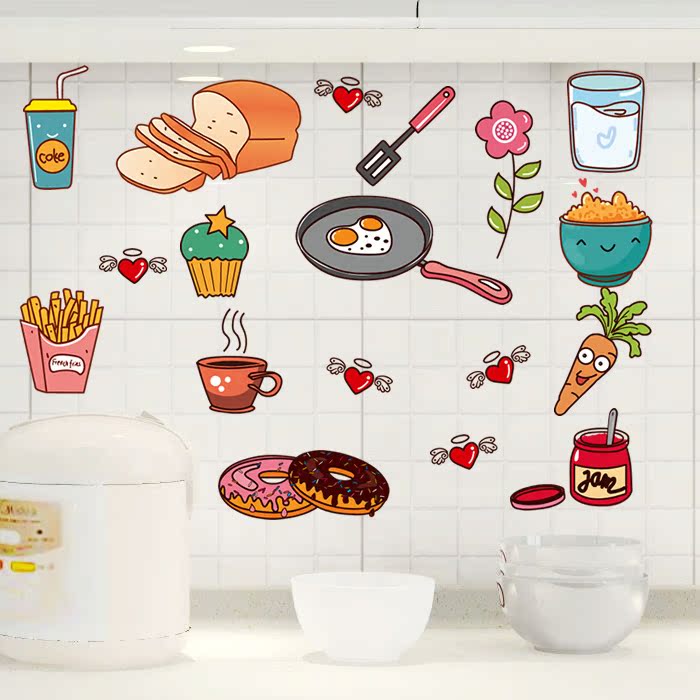 墙贴营养早餐创意卡通橱柜厨房装饰冰箱贴餐厅墙壁玻璃门装饰贴纸