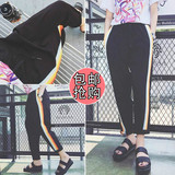 韩国ulzzang炫迈妹同款夏彩虹杠运动裤女原宿bf风学生小脚九分裤