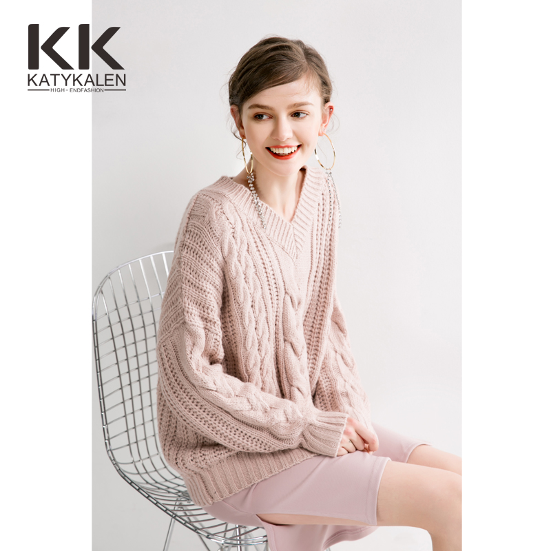 KK2017秋冬装新款 宽松V领麻花粗毛线针织长袖套头毛衣外套女加厚
