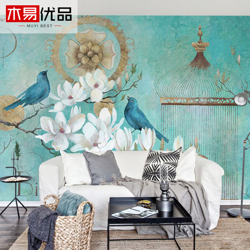 木易优品美式手绘花卉鸟油画墙纸卧室客厅电视背景墙壁纸大型壁画