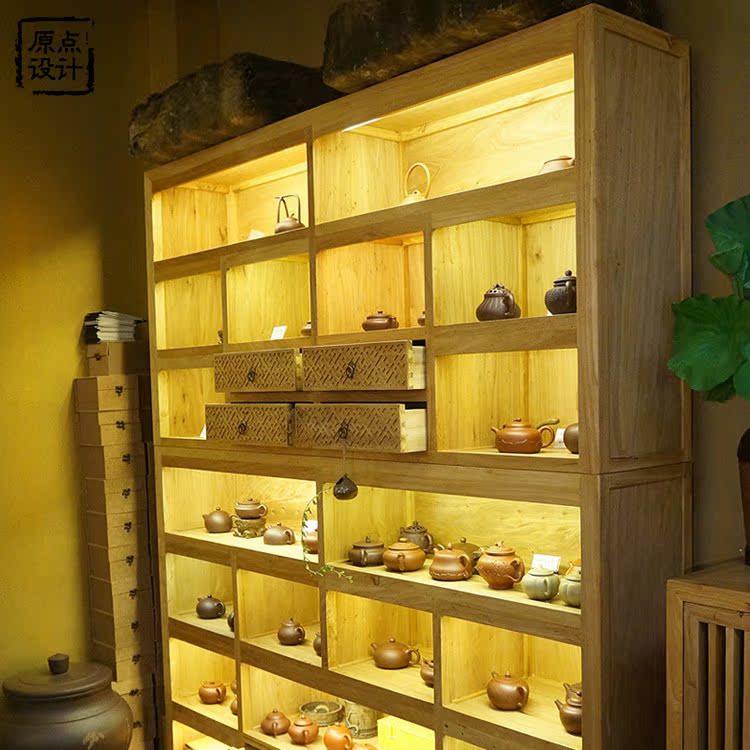 组合新中式货架展示架柜子多层板 老榆木收边货柜茶叶产品陈列柜