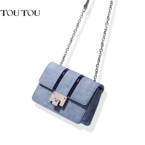 TOUTOU牛仔撞色锁扣链条包
