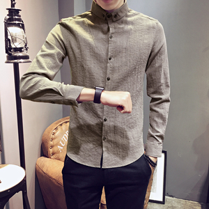 男士长袖衬衫韩版青年修身气质休闲纯色棉麻衬