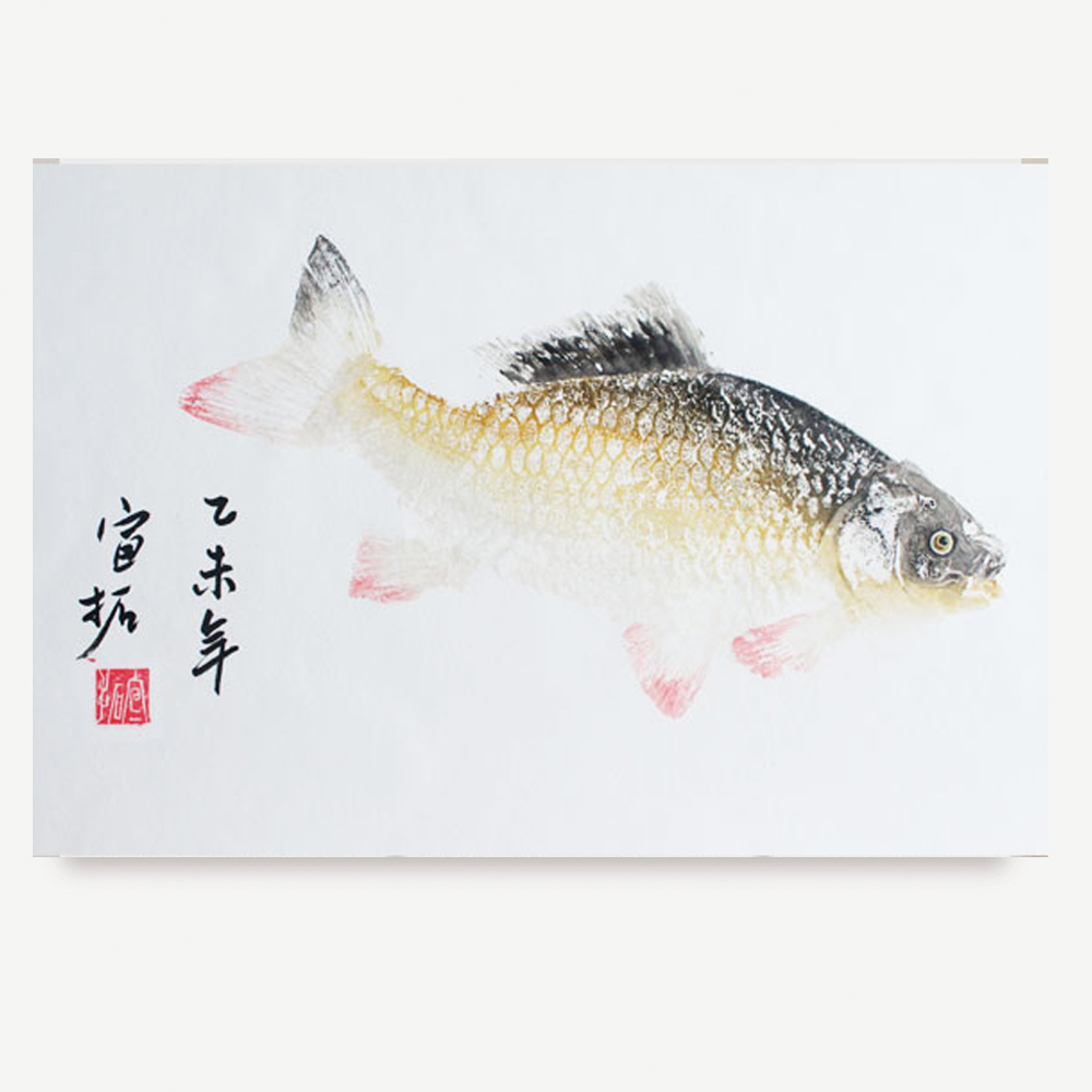 鲫鱼鱼拓画饭厅装饰画新中式客厅沙发背景墙客厅挂画餐厅玄关墙画