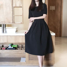 短袖 连衣裙女 欧美赫本风小黑裙礼服长裙A字型大摆收腰夏季新款