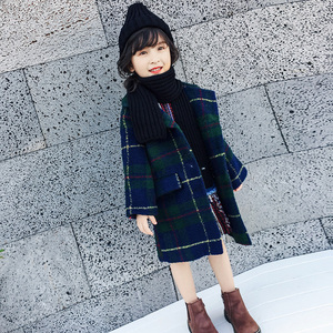 女童中长款格子毛呢大衣