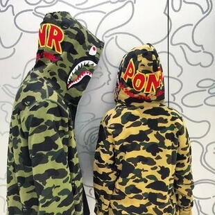 bape 1st camo shark full zip hoodie 黄绿迷彩ponr款鲨鱼卫衣