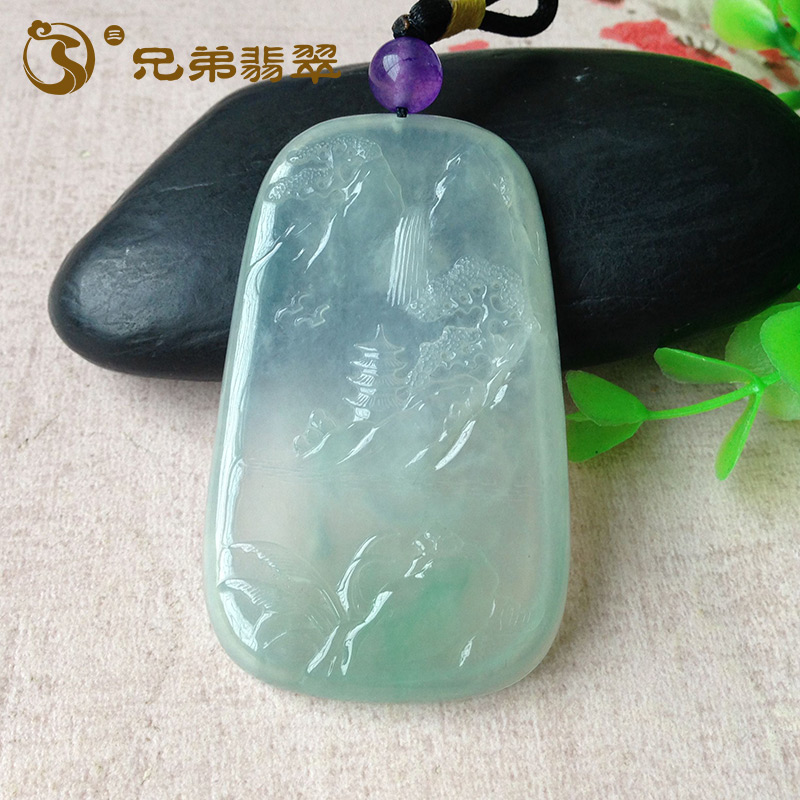 景溪翡翠缅甸天然翡翠冰种晴底山水牌吊坠a货 翡翠挂件10.19