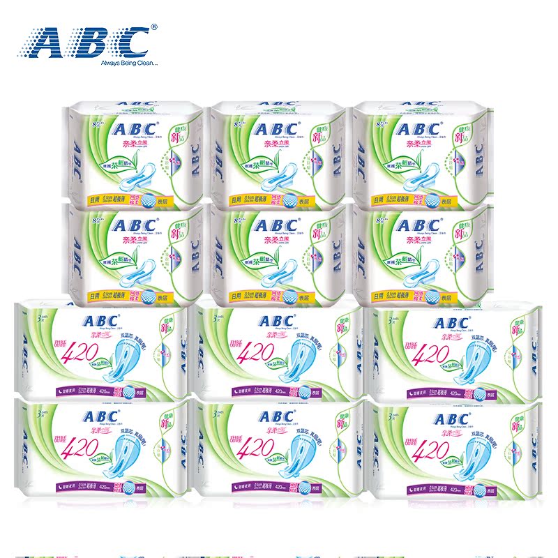 abc卫生巾茶树超长夜用420mm卫生巾加日用超级薄棉柔240mm共12包