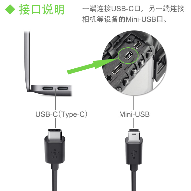 贝尔金usb type-c转mini-usb数据线t型口运动相机移动