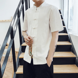 夏季短袖唐装男青年复古盘扣汉服男士纯色亚麻上衣中式中袖古装男