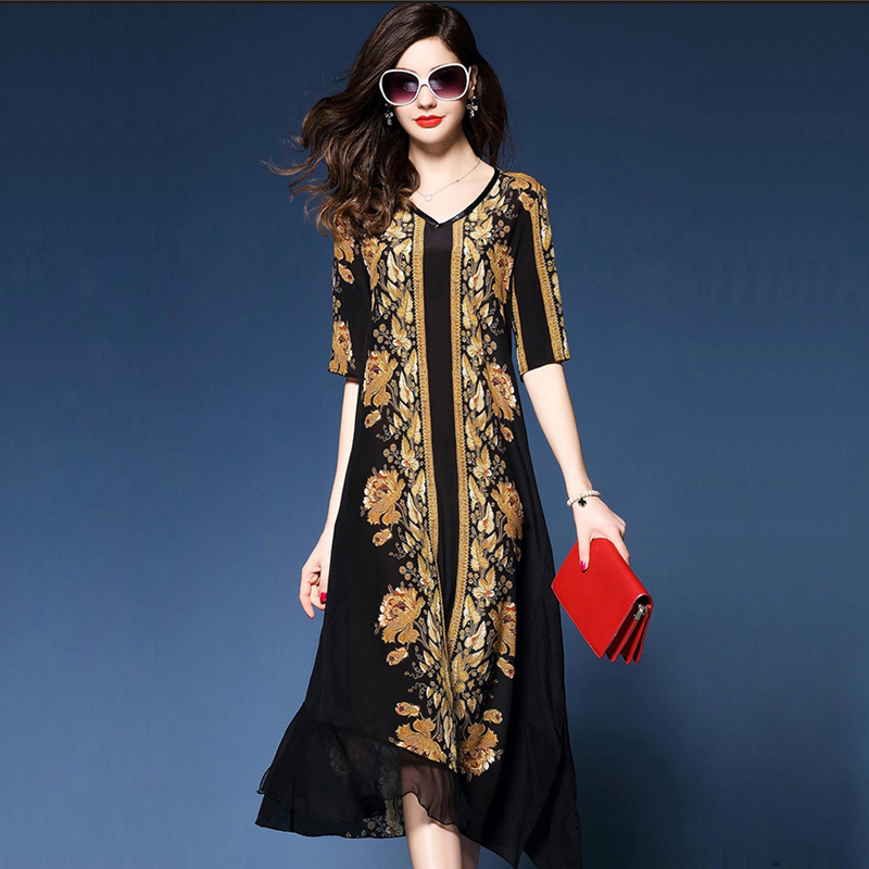 大码宽松真丝连衣裙特价清仓 菲西亚2016端庄大气v领复古印花长裙