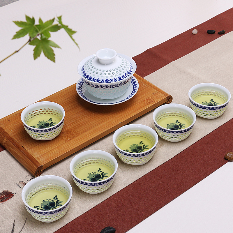 陶瓷镂空玲珑茶具蜂巢蜂窝水晶玲珑功夫茶具青花整套茶具