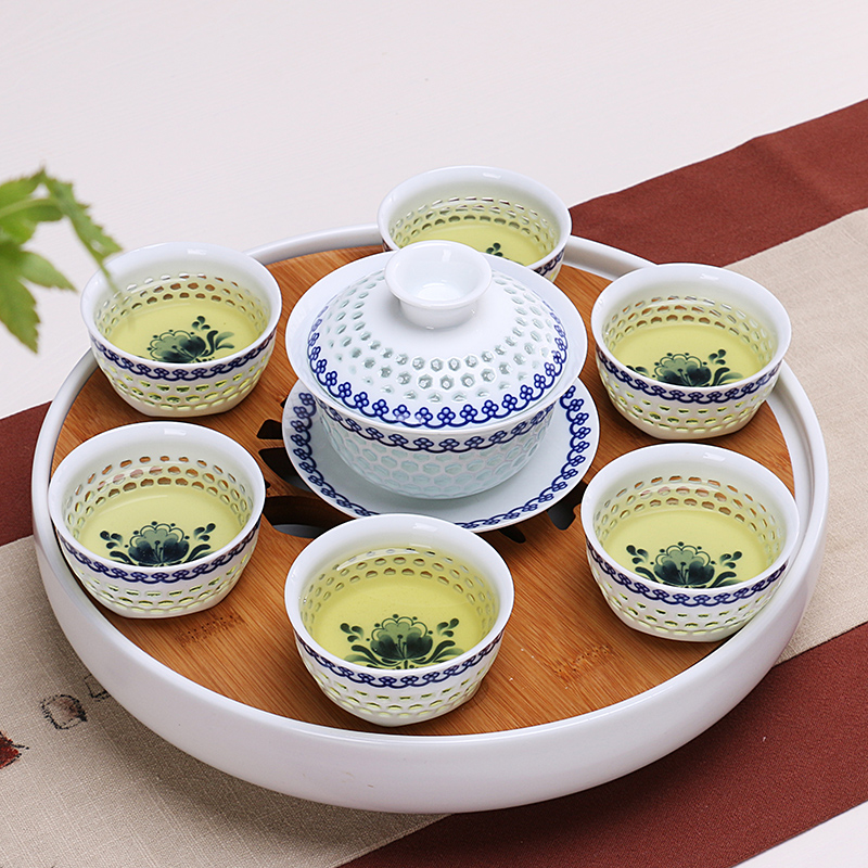 陶瓷镂空玲珑茶具蜂巢蜂窝水晶玲珑功夫茶具套装青花整套茶具