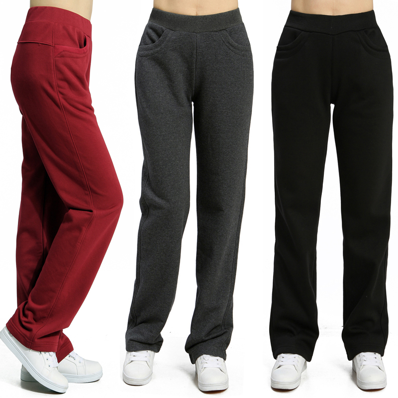 秋冬季运动裤女长裤直筒宽松大码高腰纯棉加绒加厚女运动休闲卫裤