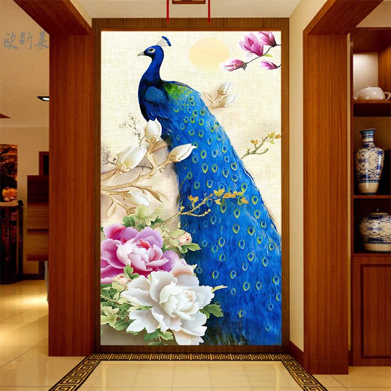 新中式5d玄幻壁画壁纸走廊过道玄关装饰背景墙布孔雀墙纸无缝壁布