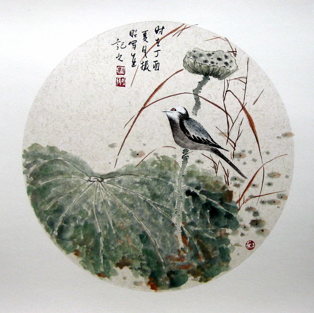 纯手绘精品国画花鸟 三尺斗方团扇荷花 写意水墨硬卡纸装饰画8050