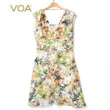VOA 杏色花鸟数码印花方领无袖褶肩宽边高腰真丝短款连衣裙Y-217图片