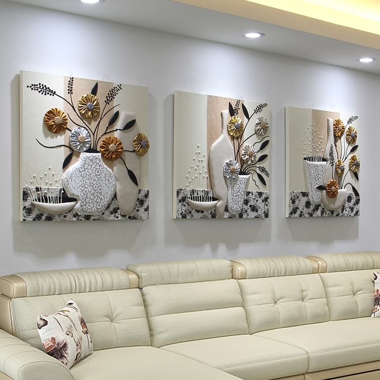 沙发墙装饰画客厅立体浮雕画现代简约三联无框挂画简欧壁画