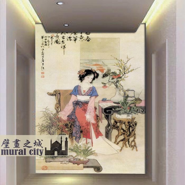 中式古代美女古典国画仕女墙纸玄关走廊走道壁纸大型壁画背景墙