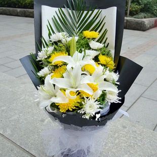 北京鲜花速递同城清明节黄白菊百合花束扫墓哀思追悼殡仪祭奠送花