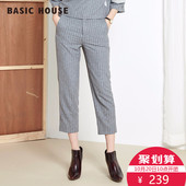 百家好冬条纹显瘦休闲裤 女HPPT723A 九分通勤裤 House Basic