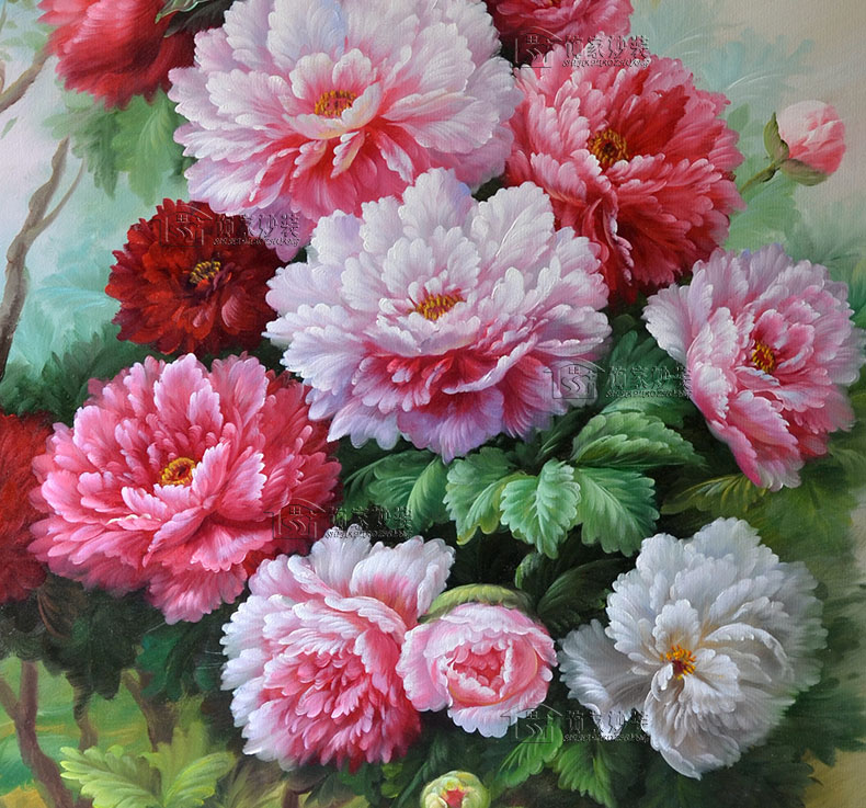 纯手工手绘油画富贵牡丹花卉装饰画美式欧式中式玄关走廊壁炉挂画