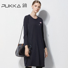 Pukka/蒲牌秋冬新款原创设计大码女装提花条纹棉质长袖连衣裙图片