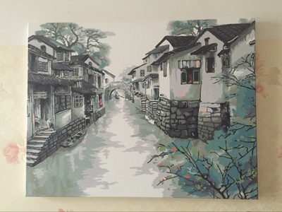 diy数字油画江南水墨画 客厅手绘大幅风景花卉装饰画 水墨古镇