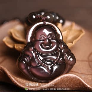 开光 女款貔貅圆形大肚佛头像笑口常开项链 天然黑曜石弥勒佛吊坠