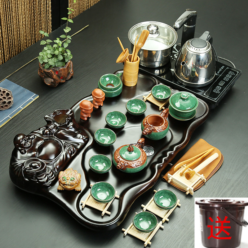 茶具套装四合一浮雕冰裂宜兴紫砂功夫茶具立体雕弥勒佛整块茶盘