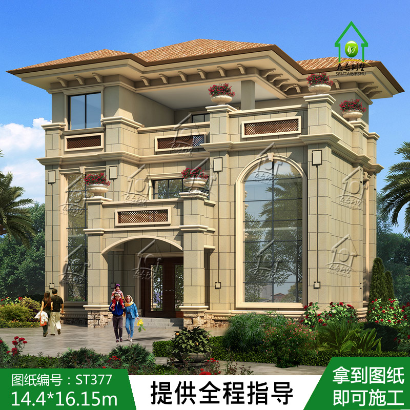 新农村自建房建筑外观效果图三层欧式复式别墅施工图纸